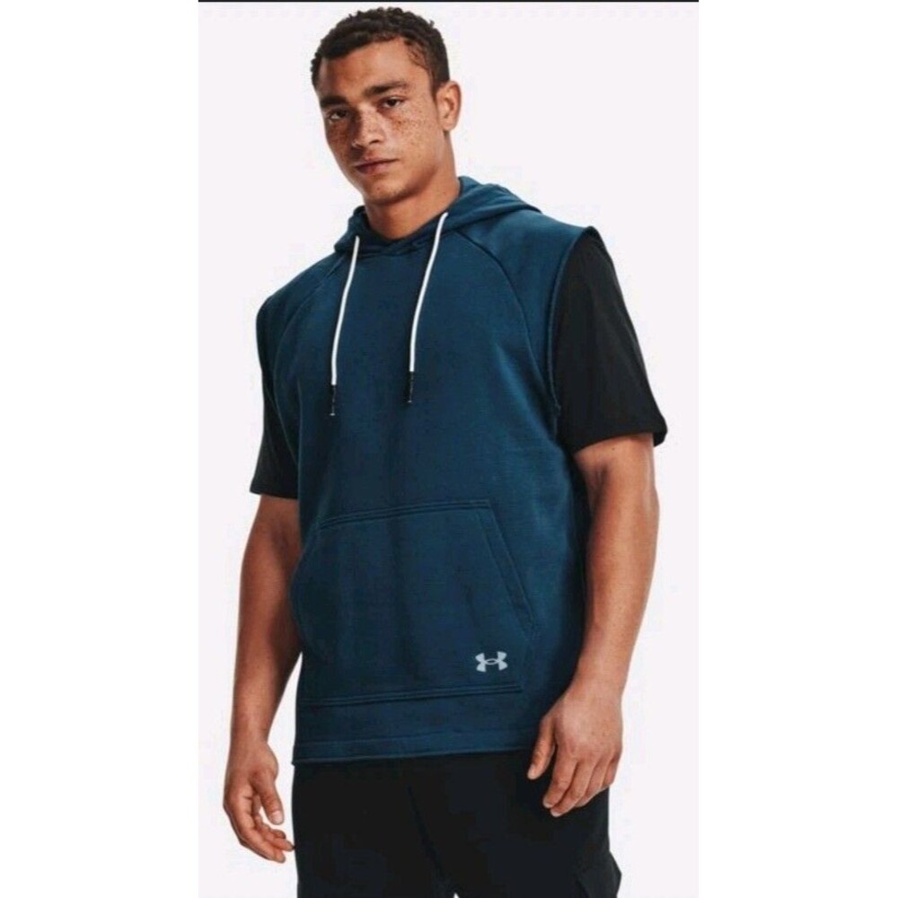 Under Armour Men's French Terry Sleeveless Hoodie XL Blue Cut Off Gym Workout
